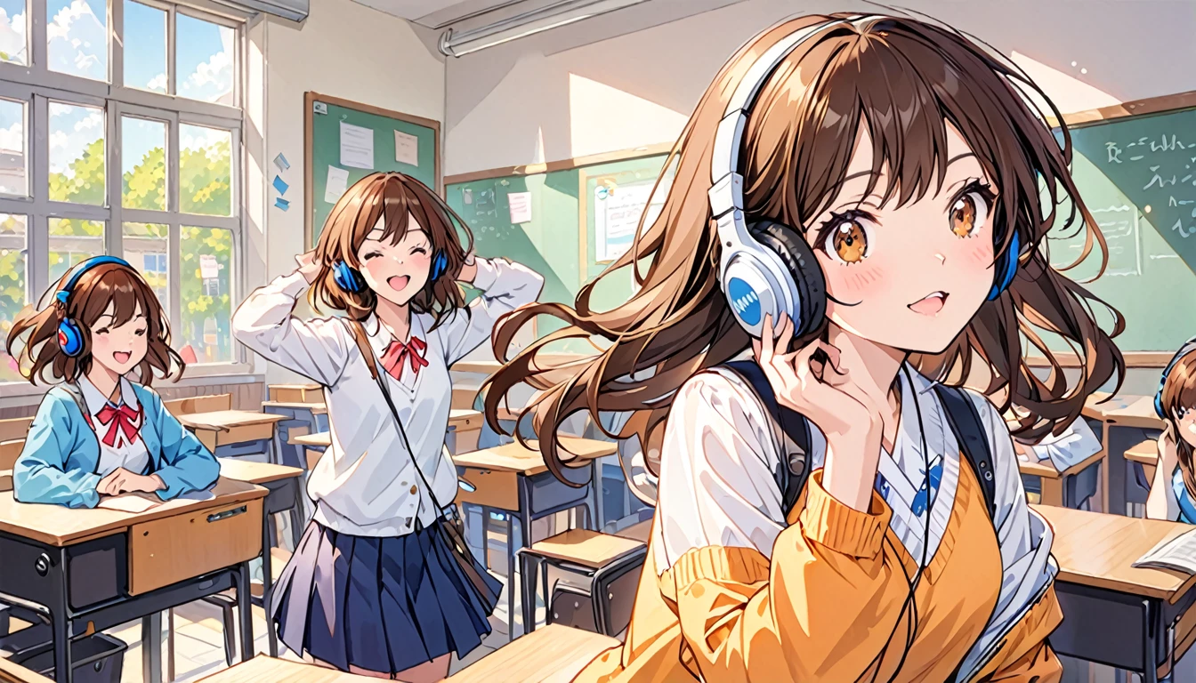 Girl wearing headphones,Brown Hair,One girl,fun,bright,jazz,The background is the classroom