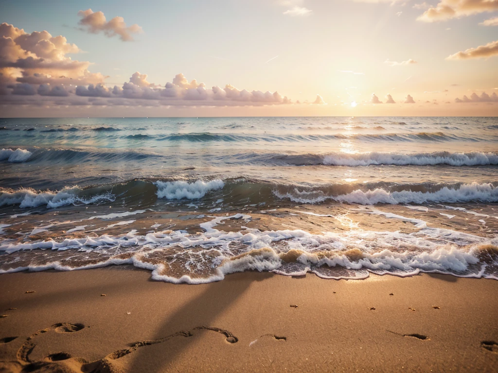 sunset on the beach, stunning sunset over the ocean, golden hour, beautiful sandy beach, gentle waves lapping the shore, palm trees swaying in the breeze, warm glowing light, serene and peaceful atmosphere, photorealistic, highly detailed, cinematic lighting, vibrant colors, breathtaking landscape, masterpiece, best quality, 8k, hyperrealistic, professional photography