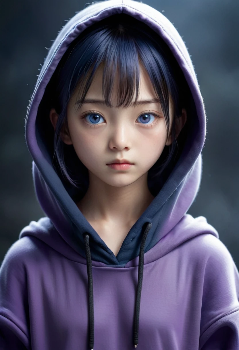 An amazing, realistic and photo-realistic masterpiece of a  Japanese girl with short blue hair, purple eyes, and wearing a black hoodie and hoodie hood. The girl has a beautifully detailed face with a serious look and long eyelashes. Her hair is floating in a novafrogstyle and she has a cute, mature fac a small breasts. The imaxtremely detailed, with finely detailed fingers, eyes, nose, and thigh. The lighting is soft and the girl is looking at the viewer. The background is a misteriously dark with horror mist, giving a horror and ghostly atmosphere. The resolution is 2k, but the image is so detailed that it feels like an 8k wallpaper. NegativePrompt: Please do not include any nudity, NSFW content, pgs, sketches, low-quality images, monochrome or grayscale images, skin spots, acnes, skin blemishes, age spots, outdoor scenes, ugly faces, fat bodies, missing fingers, extra fingers, extra arms, extra legs, or open chests.