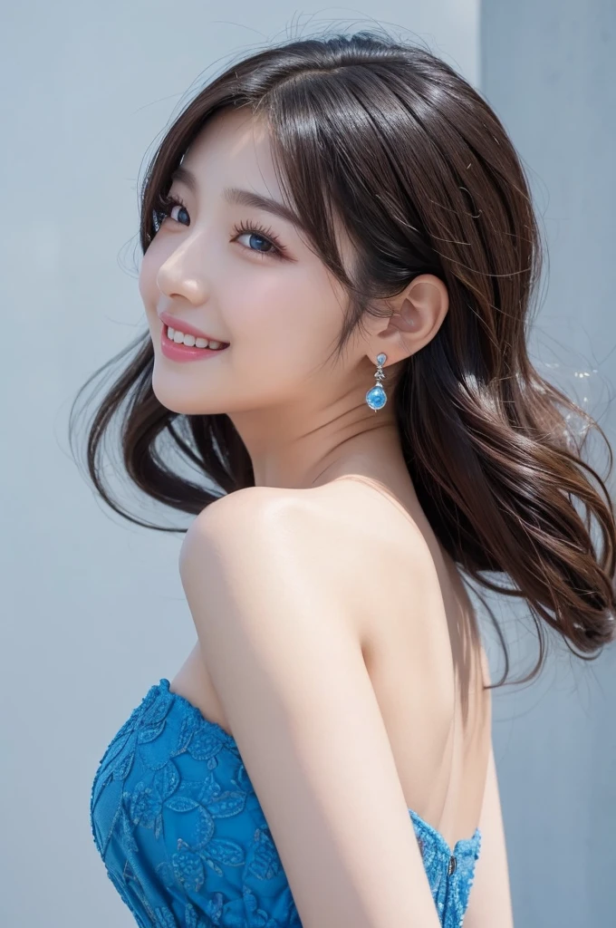 1girl, beautiful detailed face, beautiful detailed eyes, beautiful detailed lips, long eyelashes, smiling, wearing blue dress, back view, exposed back, flawless skin, white background, korean woman, photo
