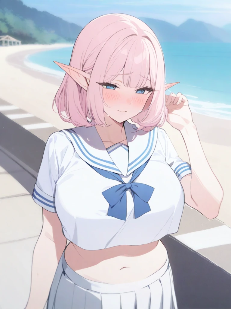 masterpiece, best quality, high quality, beautiful anime character, solo, anime girl with pink hair, soft hair, medium length hair, blue eyes, elf ears, big breasts, mature female, tall female, big girl, thick, (shy face, blush, light smile, loving eyes), outdoors, (sailor uniform, ribbon, pleated skirt), beach background, standing, slim thick, short medium hair, navel, short sleeves,