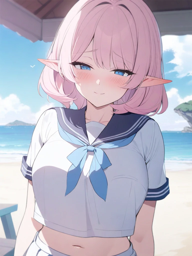 masterpiece, best quality, high quality, beautiful anime character, solo, anime girl with pink hair, soft hair, medium length hair, blue eyes, elf ears, big breasts, mature female, tall female, big girl, thick, (shy face, blush, light smile, loving eyes), outdoors, (sailor uniform, ribbon, pleated skirt), beach background, standing, slim thick, short medium hair, navel, short sleeves,