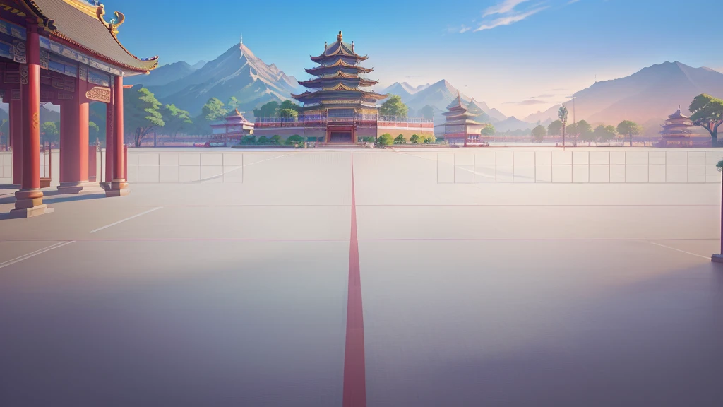 A cartoon illustration of Chinese buildings with a lake view, Palace Background, Temple Background, background technology, Downtown Background, ballroom background, Volleyball court background, Arena Background, Depicting the background of the temple, zen Temple Background, background technologywork, anime background technology, Landscape background, City street background, Anime Background, Mobile game background, Background Image, Shopping mall background