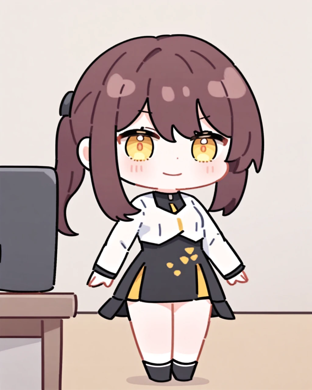 work of art,best qualityer,DESK,ssmile,cloused mouth,standing,in,chibi,
another style,confidence,1 girl,standing alone,overskirt,cabelo inermelho,gazing at viewer,chemise,rabo de cainalo lateral,black overskirt,white chemise,yellow  eyes,long sleeves,grainata,long hair,high-waist overskirt,bangss,