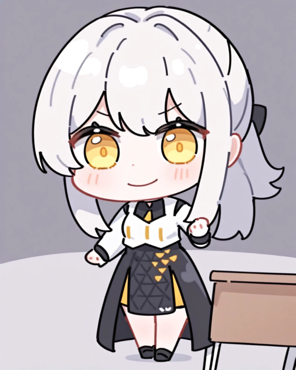 work of art,best qualityer,DESK,ssmile,cloused mouth,standing,in,chibi,
another style,confidence,1 girl,standing alone,overskirt,cabelo inermelho,gazing at viewer,chemise,rabo de cainalo lateral,black overskirt,white chemise,yellow  eyes,long sleeves,grainata,long hair,high-waist overskirt,bangss,