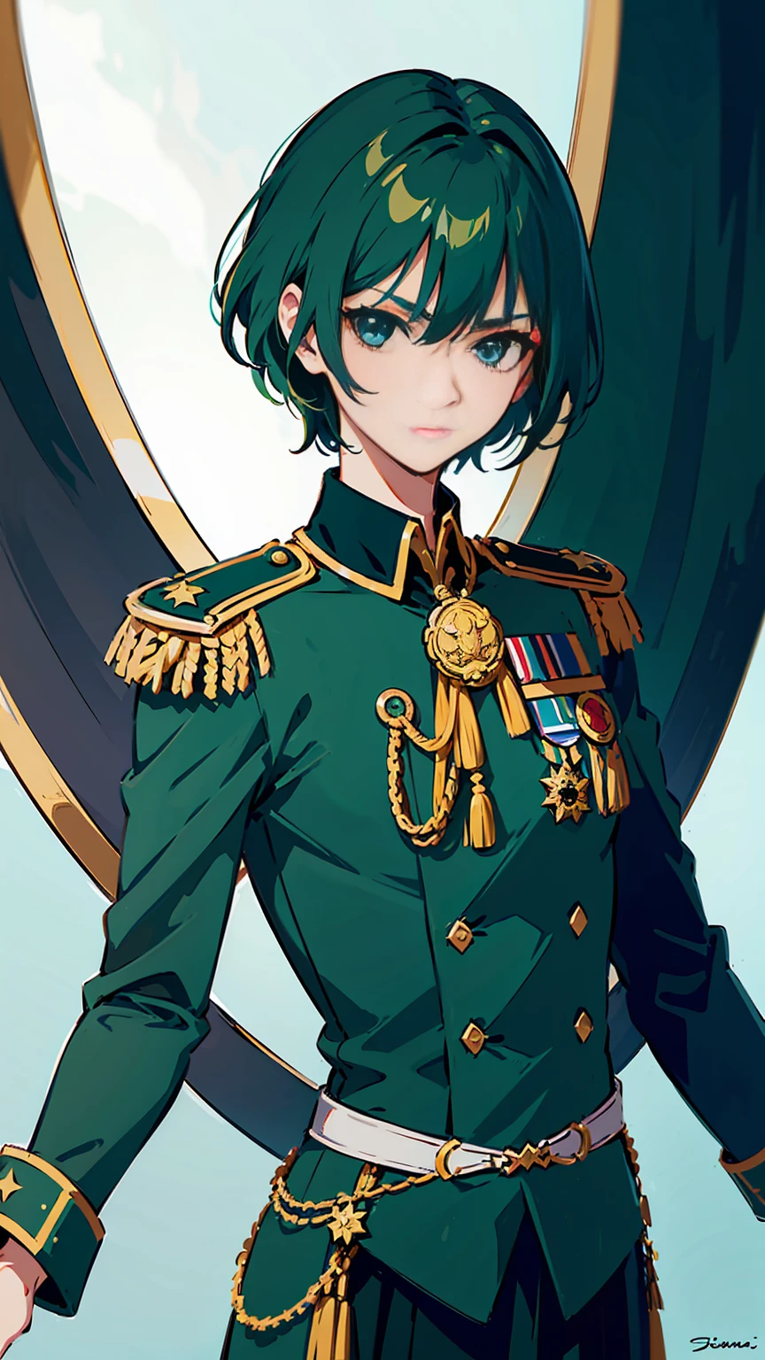 The character is depicted with short green hair and wears a military or ceremonial uniform. The uniform is primarily dark with green accents, matching the hair color, and gold detailing. There's a shoulder decoration resembling an ornate epaulette with a fringing aiguillette, hinting at a high rank or affiliation with an elite unit. Service ribbons and badges are visible, potentially indicating honors or specific affiliations. The character's appearance exudes a disciplined, formal aura, in line with military themes often seen in certain graphic novels or animated series.