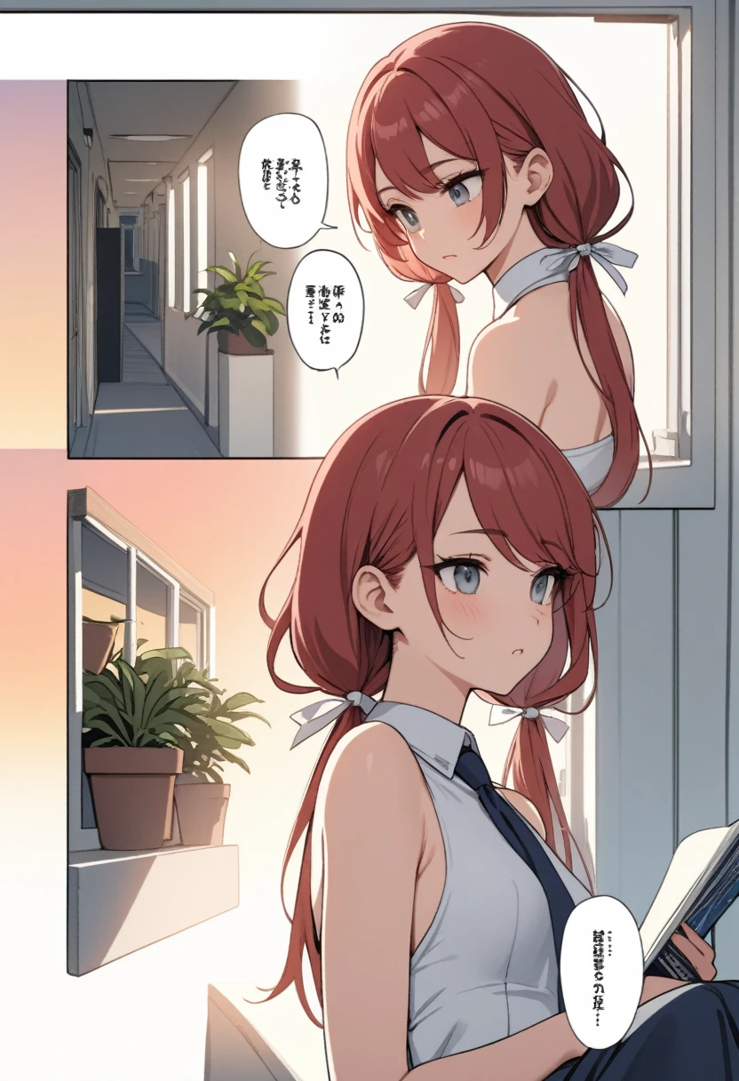 ((comic strip, speech bubbles, manga)), (masterpiece, best quality), 1girl, stoic, sitting on windowsill and reading book, beautiful face, upper body, close up, Gray eyes, red hair, swept bangs, low twin tails, white ribbons, sleeveless halter neck backless white collared shirt, dark blue necktie, dark blue skirt, small breasts, toned arms, sunrise, fluttering curtains, hallway, potted plants 