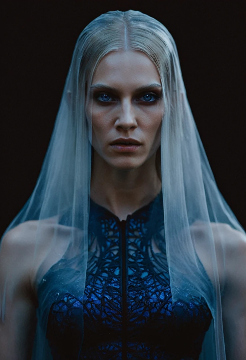 Fashionable of androgynous alien looking witch wearing veil, glowing eyes, beautiful evil slavic muscular woman, pale skin, long dark blond hair, futuristic design, minimal details, givenchy, photoreal, 200mm, hd, f/ 2.0, highly detailed, surreal , drop dead, in the style of red and blue, (intricate details, hyperdetailed:1.15) (skin texture:1.2), cinematic, professional, 4k, dynamic model pose, sitting, full body