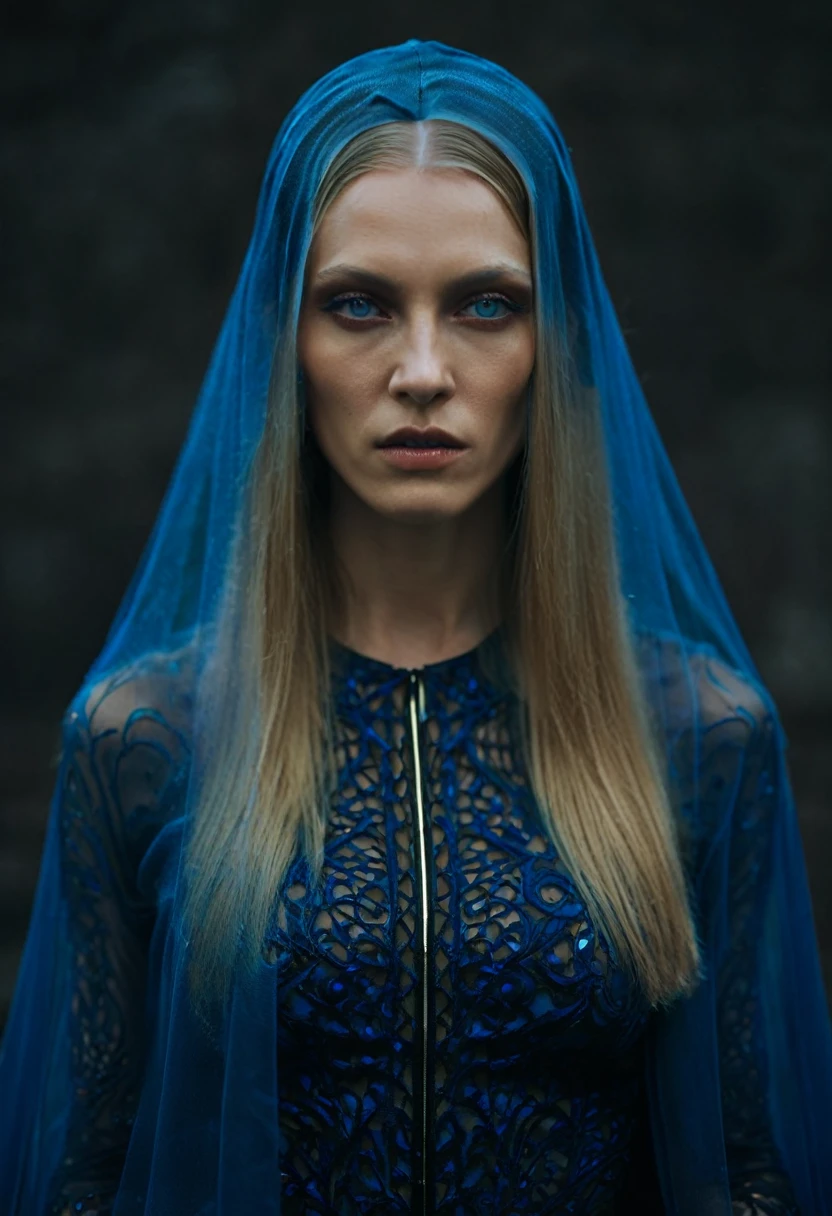 Fashionable of androgynous alien looking witch wearing veil, glowing eyes, beautiful evil slavic muscular woman, pale skin, long dark blond hair, futuristic design, minimal details, givenchy, photoreal, 200mm, hd, f/ 2.0, highly detailed, surreal , drop dead, in the style of red and blue, (intricate details, hyperdetailed:1.15) (skin texture:1.2), cinematic, professional, 4k, dynamic model pose, sitting, full body