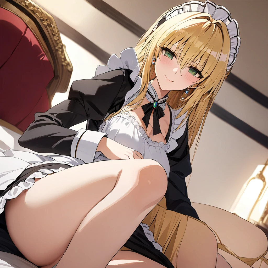 The luxurious and high-class Victorian maid outfit is evenly decorated with gorgeous gold embroidery and edging, and the blouse, apron, and headband also have gorgeous gold embroidery and edging.、((Highest quality)), ((masterpiece)), (detailed), (Perfect Face)、The woman is Tierre, with green eyes, medium-long blonde hair, a Victorian maid outfit and maid headband, jeweled earrings, and an engagement ring.、The woman is smiling fondly in a luxurious room、The Victorian maid uniform is a calm, old-fashioned type with long sleeves and a long skirt, decorated with luxurious gold embroidery and edging.、The woman is lying on the bed with her legs open, inviting sex.