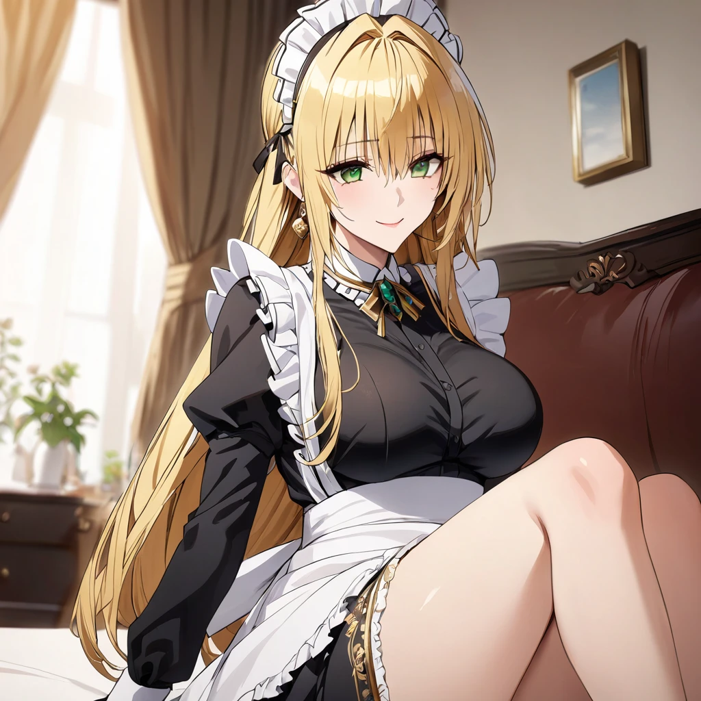 The luxurious and high-class Victorian maid outfit is evenly decorated with gorgeous gold embroidery and edging, and the blouse, apron, and headband also have gorgeous gold embroidery and edging.、((Highest quality)), ((masterpiece)), (detailed), (Perfect Face)、The woman is Tierre, with green eyes, medium-long blonde hair, a Victorian maid outfit and maid headband, jeweled earrings, and an engagement ring.、The woman is smiling fondly in a luxurious room、The Victorian maid uniform is a calm, old-fashioned type with long sleeves and a long skirt, decorated with luxurious gold embroidery and edging.、The woman is lying on the bed with her legs open, inviting sex.