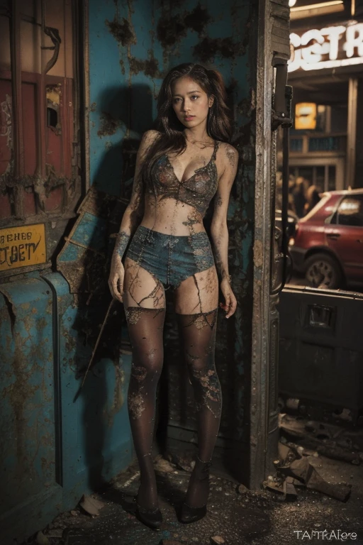 Dramatic,movie style,Original Photography,Reality,Full body portrait,New York night view,Dirty street corner,parched,a dark skinned woman,Perfect body,Hiding in the corner,((tattered tight dress:1.3)),Hole,Messy,dirty,beauty,Long slender legs