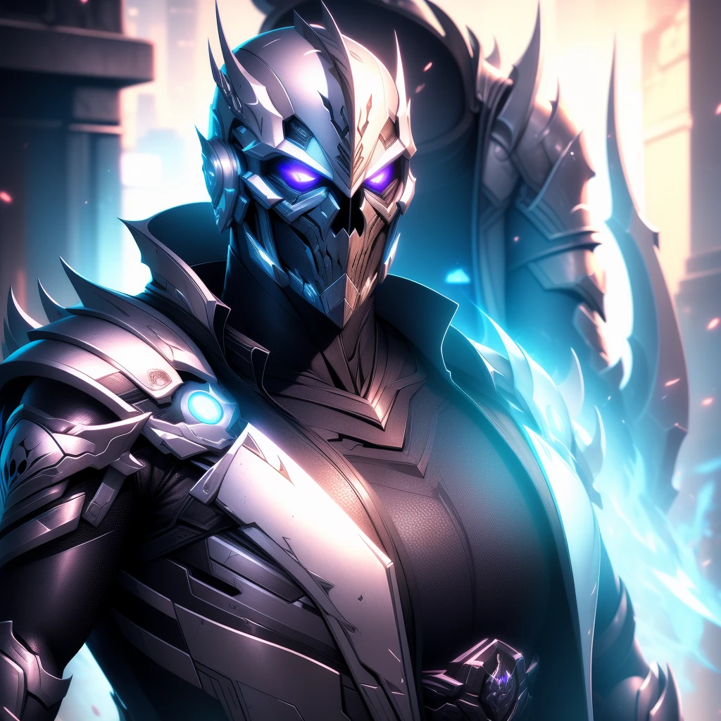 a male assassin, cyberpunk white light armor, anti-hero overlord, skull mask, extremely detailed facial features, highly detailed, cinematic lighting, dramatic pose, gritty urban environment, neon lights, moody color palette, hyper realistic, 8k, photorealistic