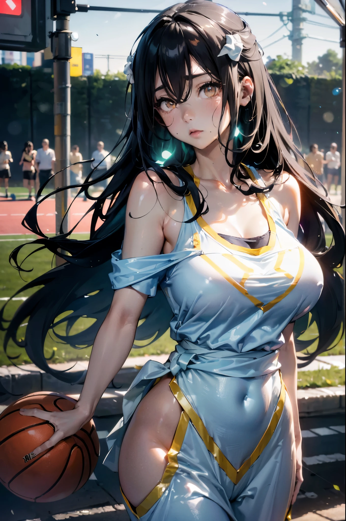 (8K, best quality, masterpiece:1.2), (Practical, photo-Practical:1.37), Very detailed,best quality, Ultra-high resolution, Professional lighting, Photon Mapping, Radio City, Physically Based Rendering, Cinema Lighting, Basketball Court,Writing border depth, Clear focus,Sunlight, Good composition,(Bokeh:1.2) A girl,Solitary,(whole body), (mouth close), Delicate eyes, pause, Tight waist,Basketball clothes, Black Hair,Messy hair,Long hair fluttering in the wind,huge , breast swelling, Chest larger than shoulder blades, Big breasts and thin waist,(huge breasts:1.2),Hydrated skin((rogue))((非常huge乳房)),((Grooves reveal original skin))