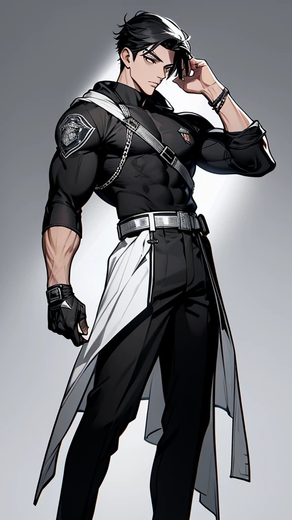 masterpiece, very detailed, 4K, 8K, 32,000, convoluted, (((1st son))), ((black hair)), ((no background)), white background, 20 years old, (((the same character))),Modern clothing, Detailed clothes, (slim body), (cold colors dim lighting) black hair eyes black (perfect face) ,character design police man, full body, black hair, (Composition looking straight ahead), soldier, {full body}, handsome, short sleeves, ((Posture of covering head with hands))