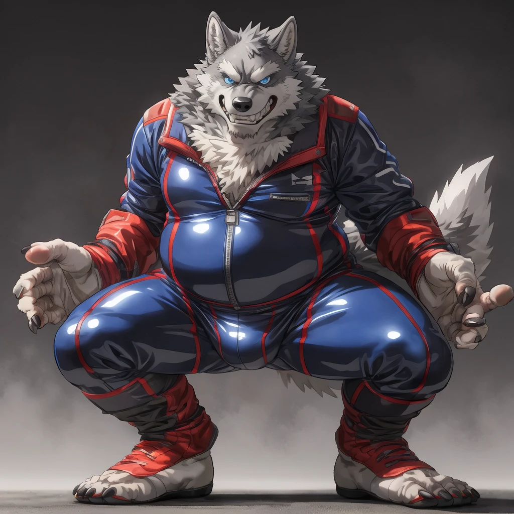 skinsuit standing chubby gray wolf dad ,blue eyes, naked white briefs , feet white sock, profile, evil grin, kemono , high quality , by rossciaco , spread legs