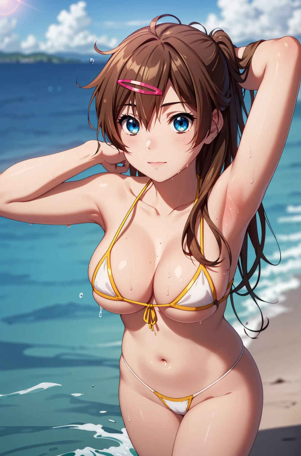 ((masterpiece, Highest quality, High resolution, uhd, Pixel perfect, Depth of written boundary, 4K, RTX, HDR)), 1 Girl, single, alone, 24-years-old, Anime Girls, Beautiful art style, anime character, ((Parted bangs, Brown Hair)), (blue eyes、Round eyes, Delicate eyelashes、Beautiful eyelashes, Perfect Eyes), (Detailed face:1.2), (Smooth texture:0.75, Realistic texture:0.65, Realistic:1.2, Cinematic, Anime CG Style), Perfect body, Ocean:1.3、Moderately good :1.7、Micro Bikini:1.8、Visible from the thighs:1.9、Wet、Water Drop、Splash、nsfw、vie from below、Arms behind head