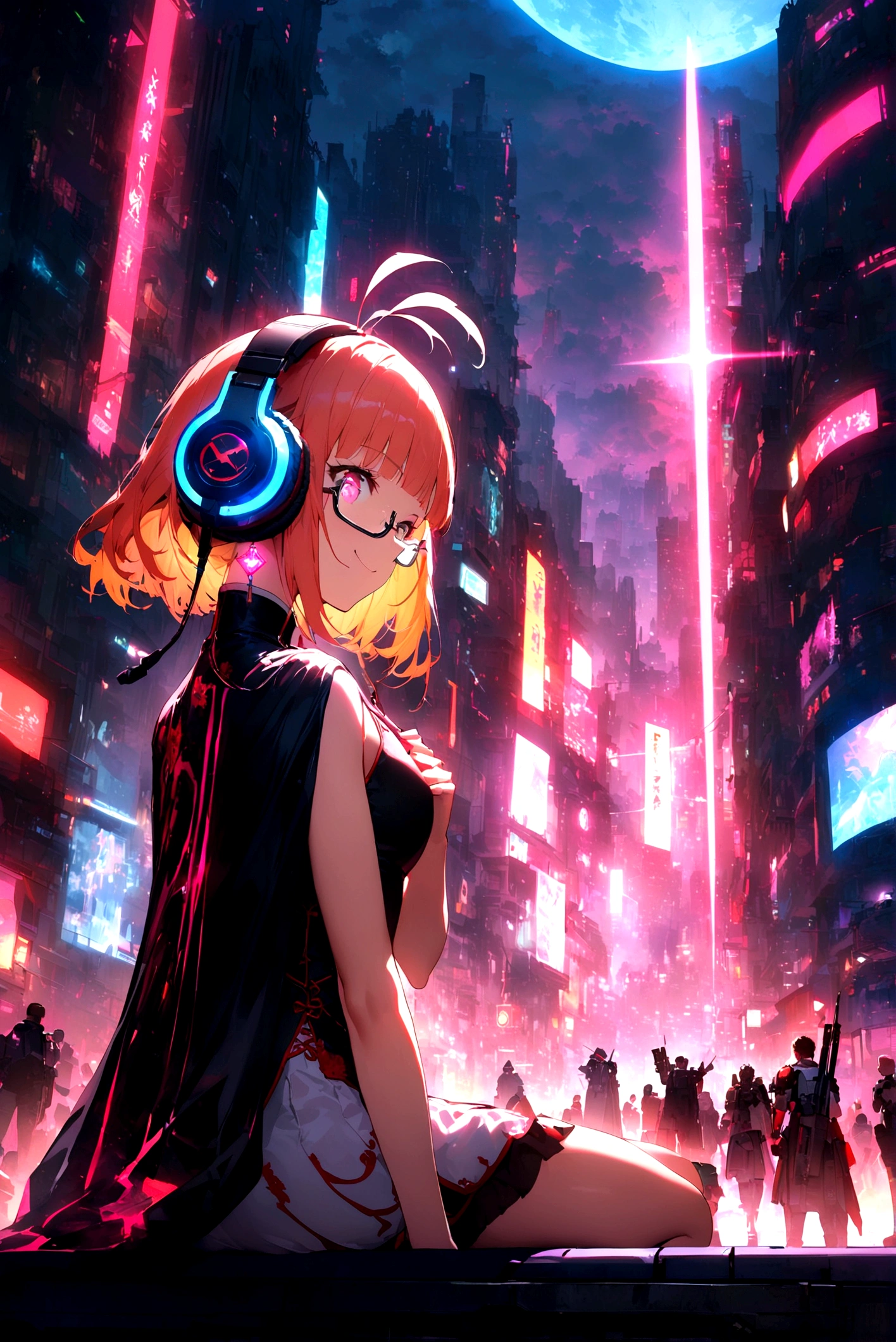 (extremely detailed fine touch:1.3), solo, (((semi-rimless eyewear:1.3))), (headphone:1.2), short hair, blunt bangs,bare arms,1 girl, Chinese_clothes, metallic black titanium and pink, cyberhan, cheongsam, cyberpunk city, dynamic pose, detailed luminescent headphones, luminous hair accessories, long hair, luminous earrings, glowing necklace, cyberpunk, high-tech city, full of mechanical and futuristic elements, futuristic, technology, glowing neon, pink, pink light, sexy skirt, translucent black cape, laser light, digital background urban sky, big moon, with vehicle, best quality, masterpiece, 8K, Character edge light, super high detail, high quality, the most beautiful woman in human beings, smile, face facing front and left and right symmetry, ear decoration, long antenna glow, beautiful pupils, light effects, visual data, silver-red-orange hair dyed hair, ultra-detailed face texture, happy, weapon system, crowded street passers-by, mecha style, overhead luminous antenna, back jet, girl sitting