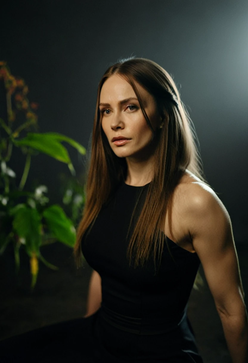 professional photograph of a 31 year old model, by Peter Hegre, photography studio,__perspective__, beautiful evil slavic muscular woman, pale skin, long hair, dressed in elegant long dress, dynamic model pose, bold lines, hyper detailed,warm natural lighting, cinematic, film grain, sitting, tropical plants on background, (intricate details, masterpiece, best quality:1.4),hyper detailed, bright extensive palette, mesmerizing, dynamic, dramatic, sensual, dynamic pose, highly detailed skin with hair, subcutaneous veins,skin fluff,fine wrinkles,high contrast,best Ray tracing, light and shadow play, highly detailed,24mm photograph, film, bokeh, professional, 4k,