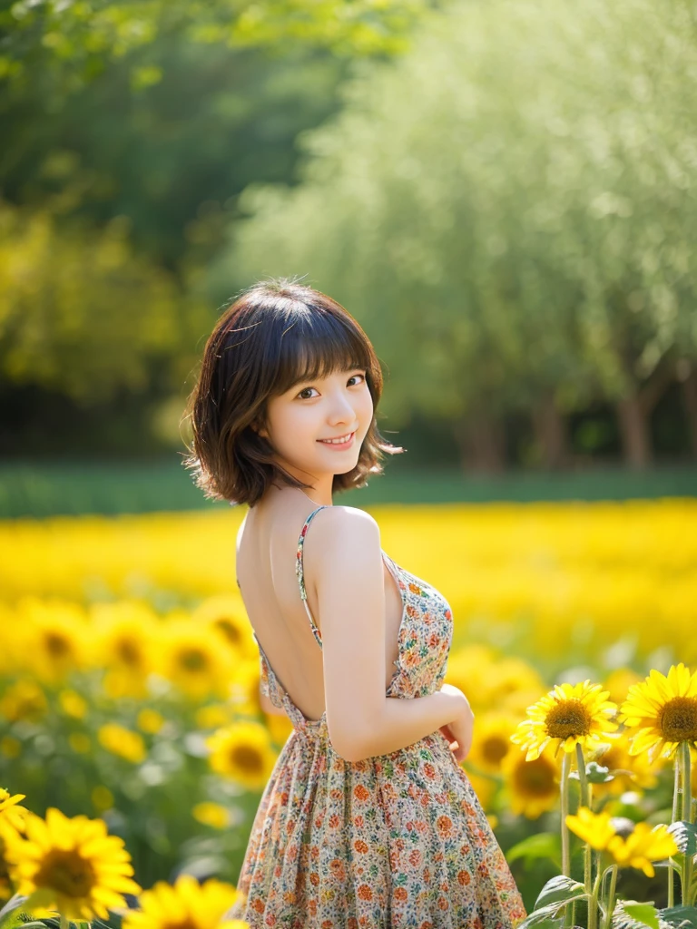 Image quality:best quality
Camera Focus: blur background
light:Side light
composition:Composition of thirds、Sideways orientation and eye view of the camera
person:20 years old woman,Japanese,actress
pose:Hands behind the back:Sunflower field foreground:Sunflower hairstyle: Short Bob、Swinging Hair、With bangs
Dress:casual
facial expression: happy