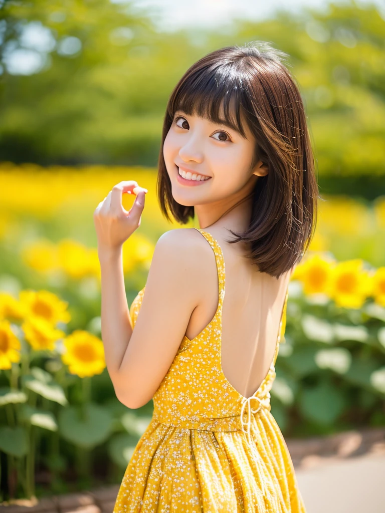 Image quality:best quality
Camera Focus: blur background
light:Side light
composition:Composition of thirds、Sideways orientation and eye view of the camera
person:20 years old woman,Japanese,actress
pose:Hands behind the back:Sunflower field foreground:Sunflower hairstyle: Short Bob、Swinging Hair、With bangs
Dress:casual
facial expression: happy