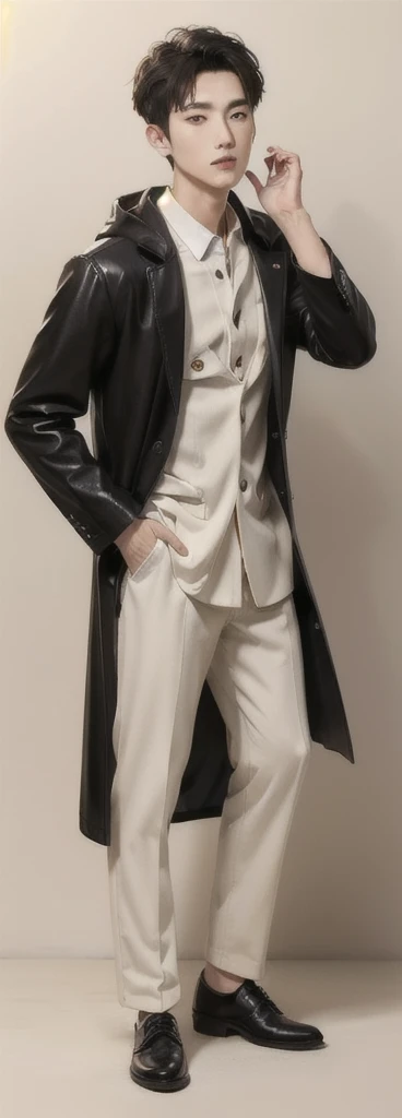 (Fair skin),(know),Iris,(gender: Natural Face),(Japanese),(leather shoes),long body,handsome young asian man, Japanese idol style, short clean-cut hair, ((center part)), white lab coat, black hoodie underneath, calm confident expression, hands in lab coat pockets, plain white background, portrait, high quality, detailed, 8K