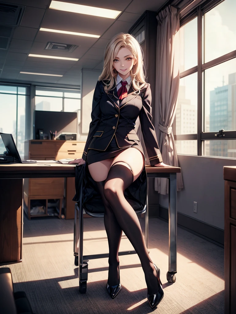 Pretty blonde girl in girl outfit with black fishnet stockings sitting on teacher's desk with her legs spread