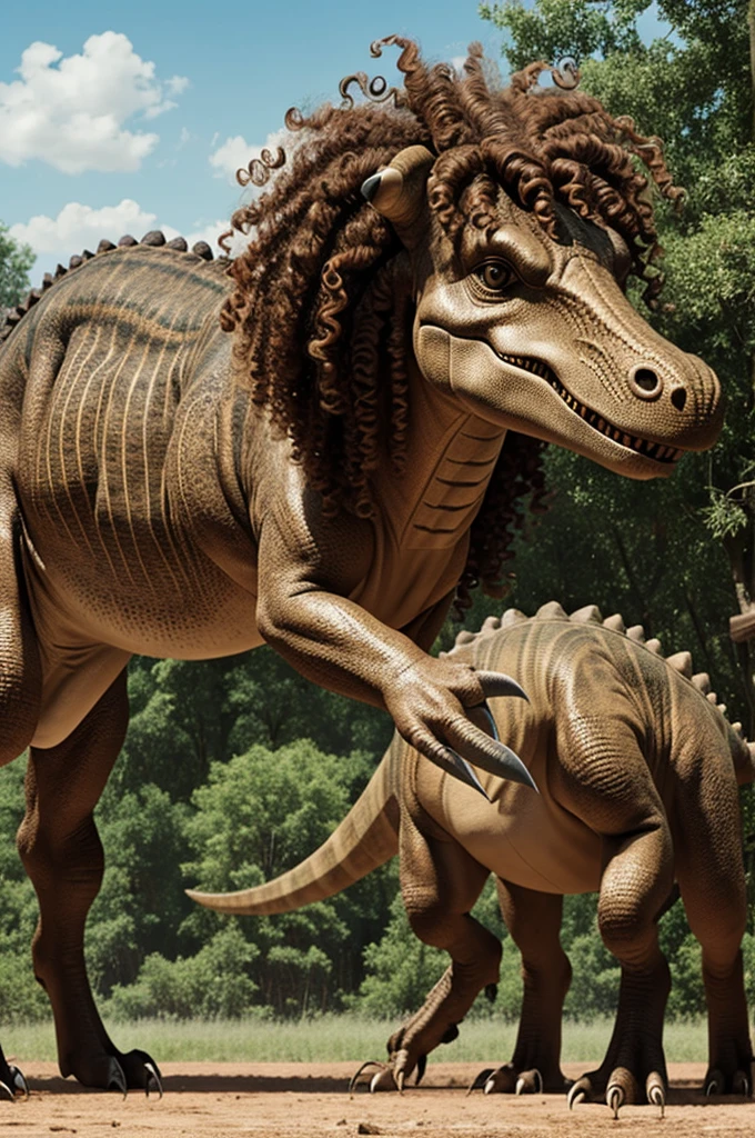 A dinosaur with curly hair mixed with a human.