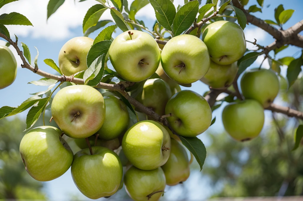 Green apples on branch