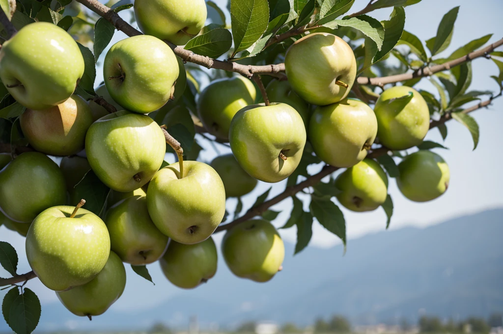 Green apples on branch