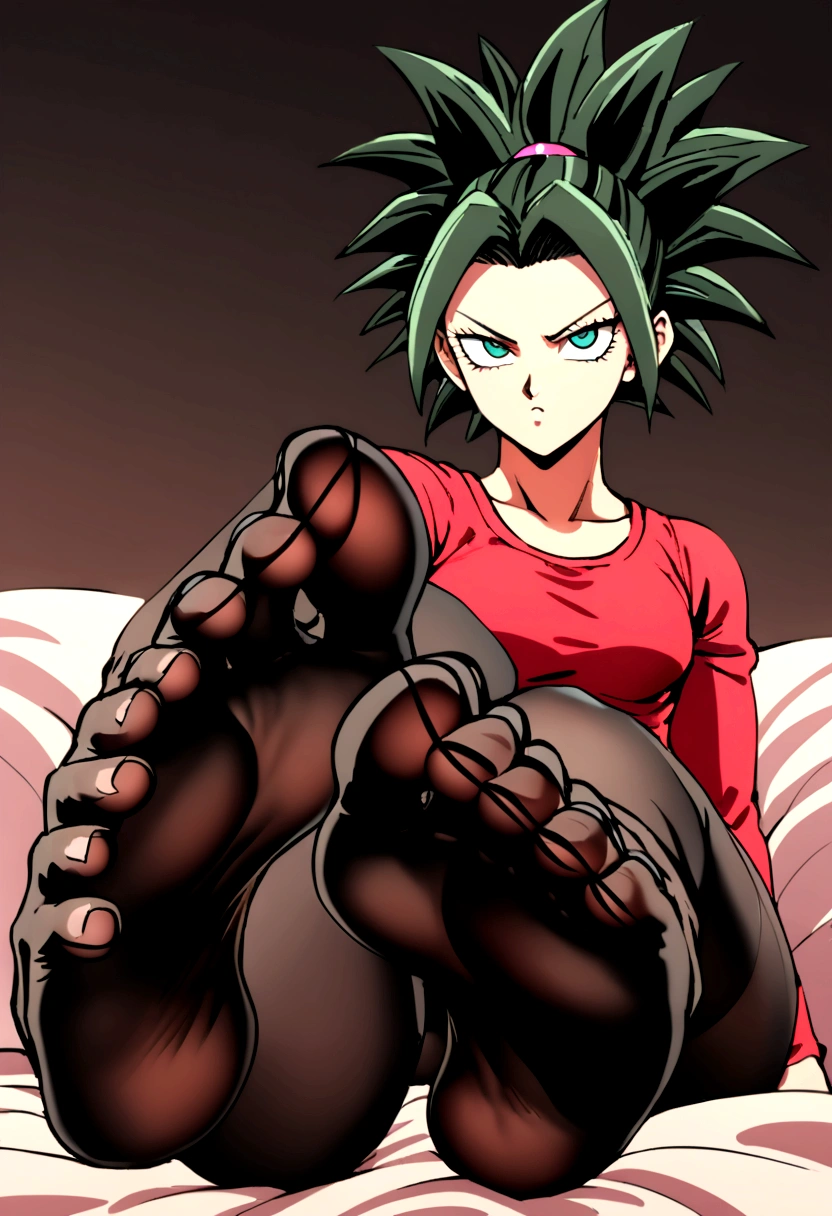 Kefla with black hair up, with red top and black pantyhose, One punch man style, feet focus