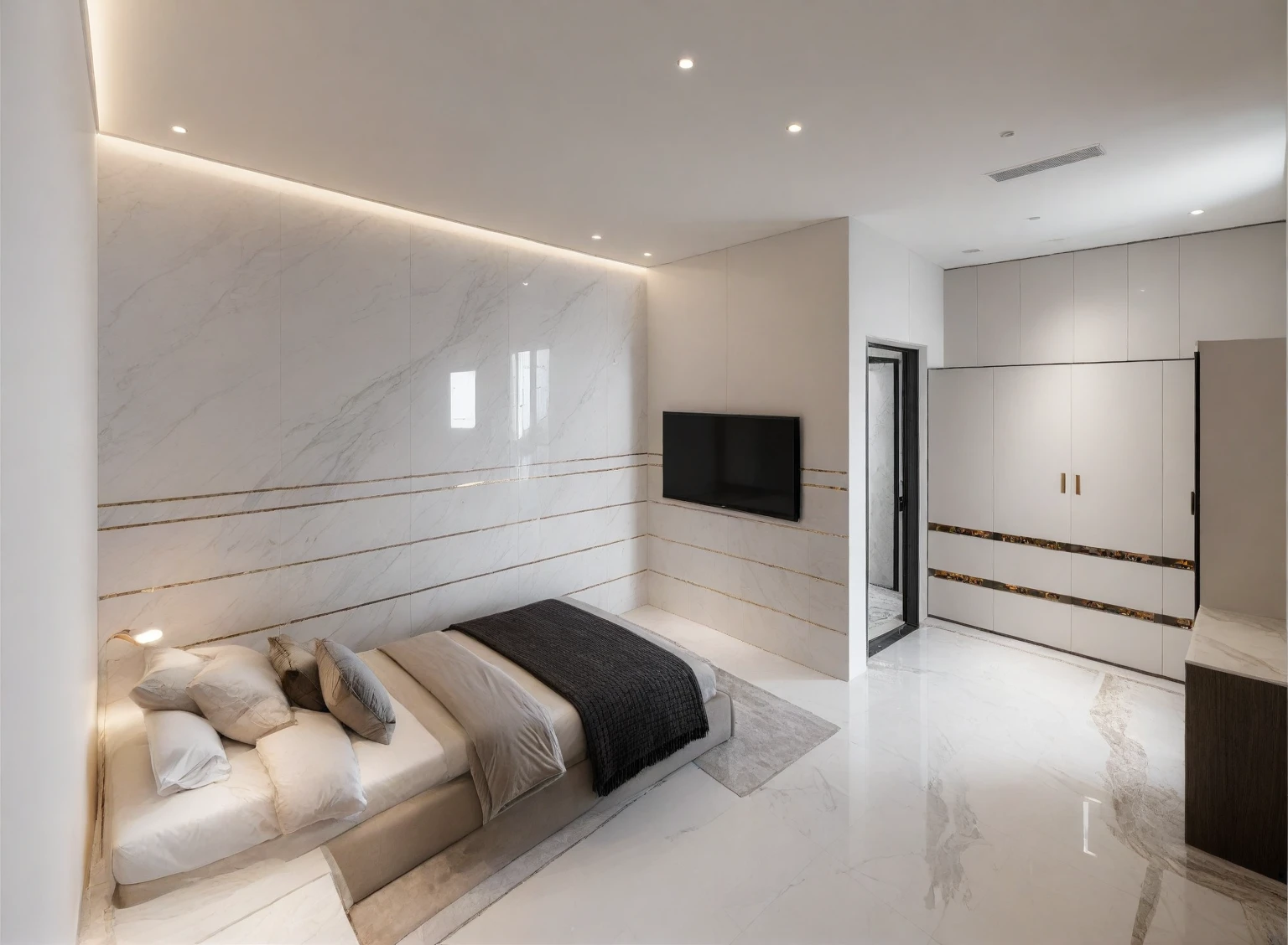 Raw photo,Masterpiece, high quality, best quality, authentic, super detail,
indoors, interior , (( BEDROOM :1.3)), modern style, daylight, (WHITE WALL),luxury, marble tile floor,
