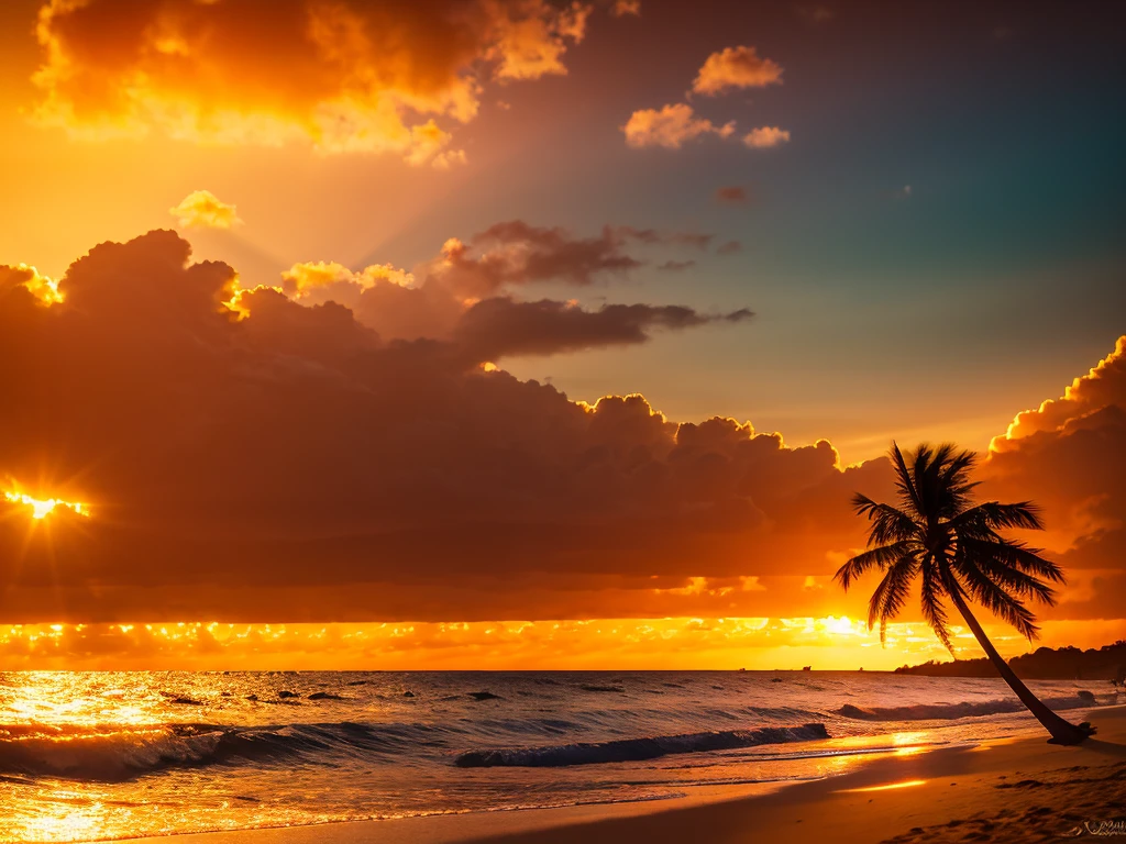 sunset on the beach, stunning sunset over the ocean, golden hour, beautiful sandy beach, gentle waves lapping the shore, palm trees swaying in the breeze, warm glowing light, serene and peaceful atmosphere, photorealistic, highly detailed, cinematic lighting, vibrant colors, breathtaking landscape, masterpiece, best quality, 8k, hyperrealistic, professional photography