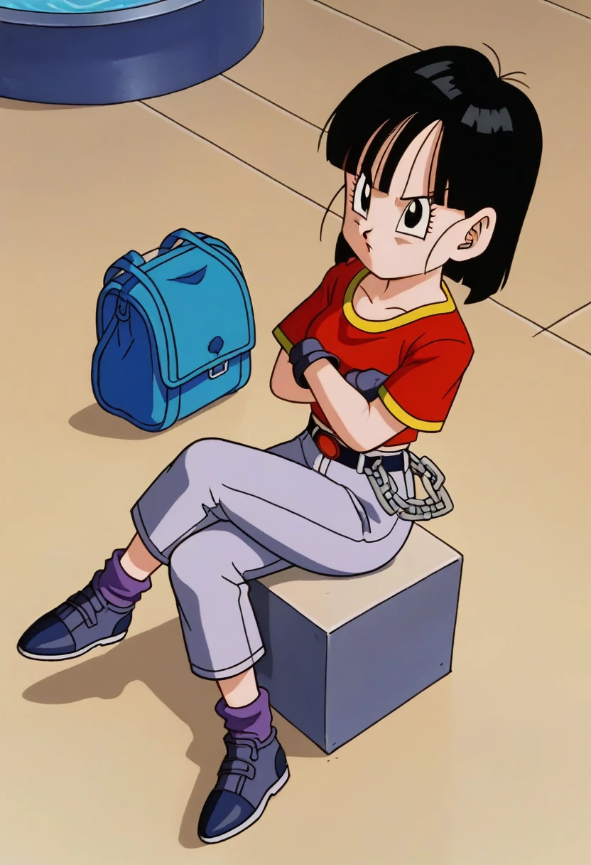 fountain_cheered up, score_9, score_8_above, score_7_above, cheered up screencap,8k, absurd resolution,
Pan \(Dragon Ball\), 1 girl, Alone, looking at the viewer, short hair, hits, black fur, session, whole body, short sleeves, sneakers, black gloves, golden ornaments, loose socks, belt, blue bag, black shoes, black eyes, chain, crossed arms, crossed legs, schoolbag, denim, Red shirt, orange scarf, retro artStyle, female , grey Pants, Waist bag, purple tights, Shoe soles, v shaped eyebrows, from below, rock, diaphragm, clavicle, 1990s \(Style\)