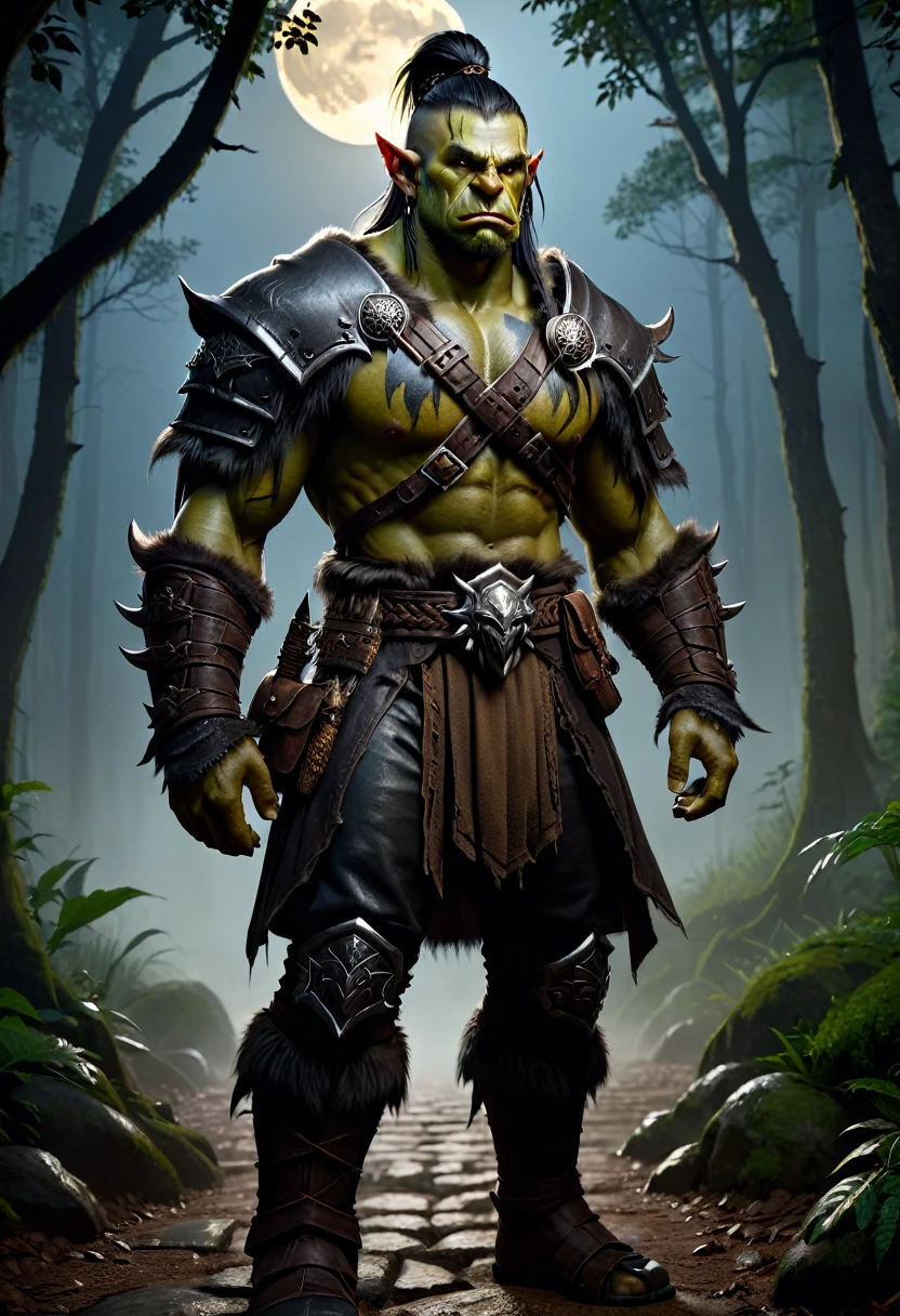 Full-body image, 8K, A masterpiece, the most detailed, the highest quality, the perfect look. too realistic oil, create fit, tan, muscle, dark theme, dense forest, full moon, night, dark, fantasy, Orc man in leather assassin armor, long single war braid hair with shaved sides, dusty detail ornaments, battle weary, man warrior, armor, epic, face scar, dnd character portrait, intricate, 8k resolution, dynamic lighting, hyperdetailed, unreal 5, volumetric lighting, detailed background, detailed face, detailed eyes, tusks