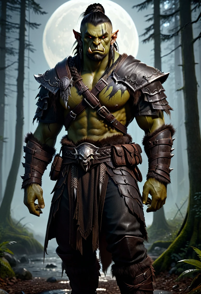 Full-body image, 8K, A masterpiece, the most detailed, the highest quality, the perfect look. too realistic oil, create fit, tan, muscle, dark theme, dense forest, full moon, night, dark, fantasy, Orc man in leather assassin armor, long single war braid hair with shaved sides, dusty detail ornaments, battle weary, man warrior, armor, epic, face scar, dnd character portrait, intricate, 8k resolution, dynamic lighting, hyperdetailed, unreal 5, volumetric lighting, detailed background, detailed face, detailed eyes, tusks