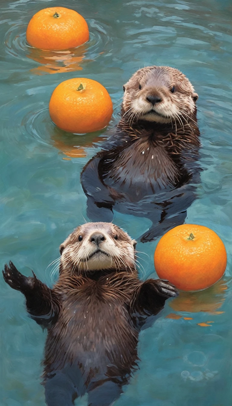 Floating in the sea, 2Sea Otters, Have tangerines, like oil painting