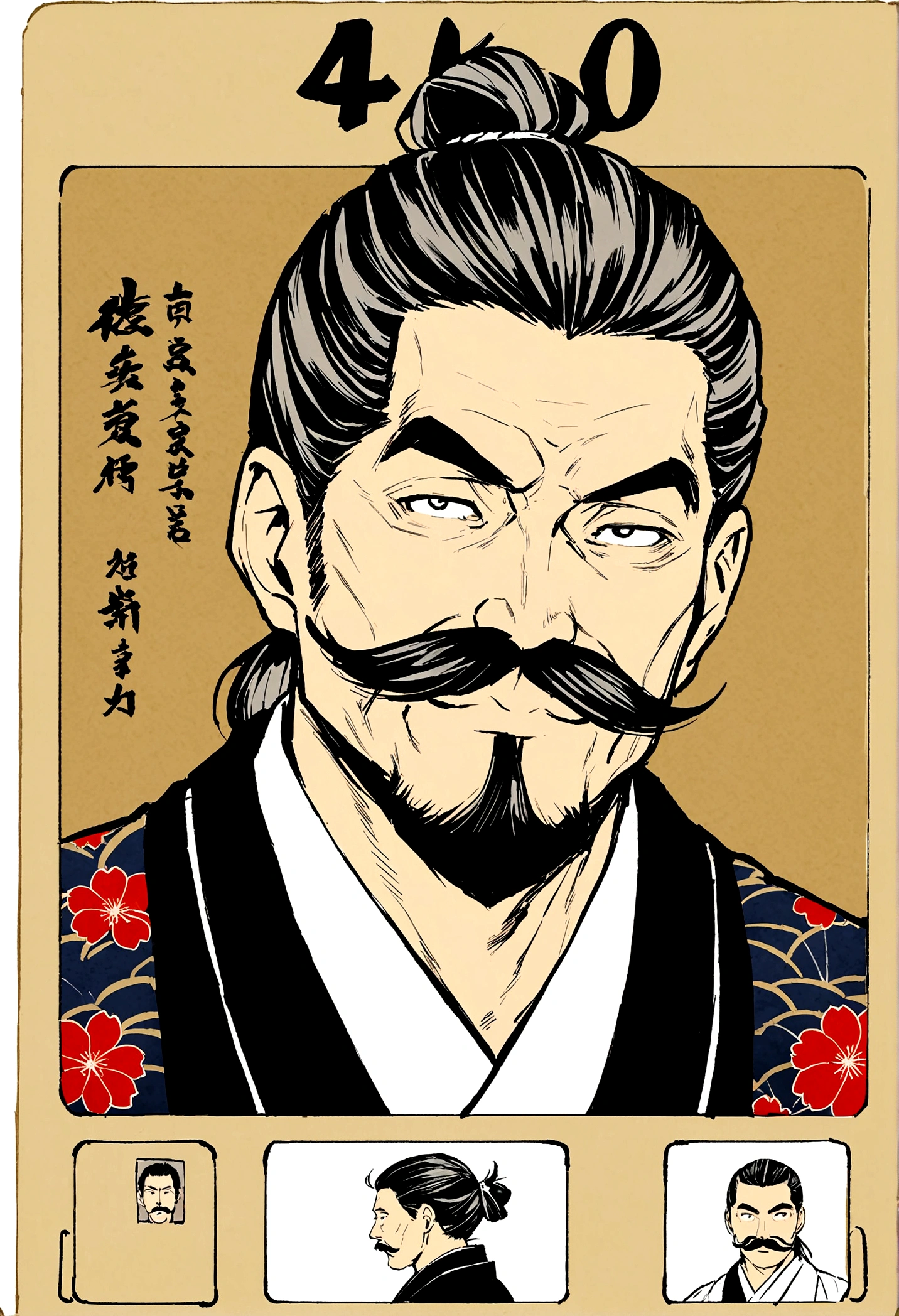 Japanese man in his 40s, Tattoo, irezumi, mustache, japanese hairstyles, id photos