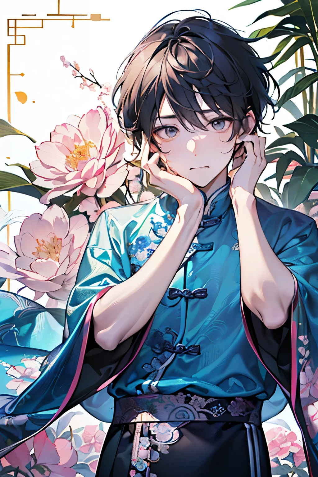 ((cute,kawaii,wonderland)),(Embarrassed、🥺),(Embarrassed pose with hands on face:1.25),((boy,Men's,male:1.2)),((1.25)),((POP modern clothes:1.25)),((和風male性アイドル:1.15)),Angle from below,Angle of incitement,((Stardust Road)),(Short Hair:1.3),Close-up of face.