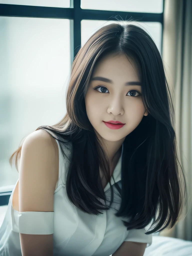 ((top-quality, 8K, masterpiece:1.3)), beautiful Girl, pure, Melon face, gentle and cute, A sweet smile, pure lust, slender figure, (The upper part of the body), (frontage), (tilted head), Look directly at the camera, Uniforms, white shirt, blue skirt, obi, Formal, Black silky long straight hair, long hair flowing over the shoulders, round black big eyes, clear big eyes, Wet red lips, Dolce, sitting on bed, Window sill background, Random body orientation,