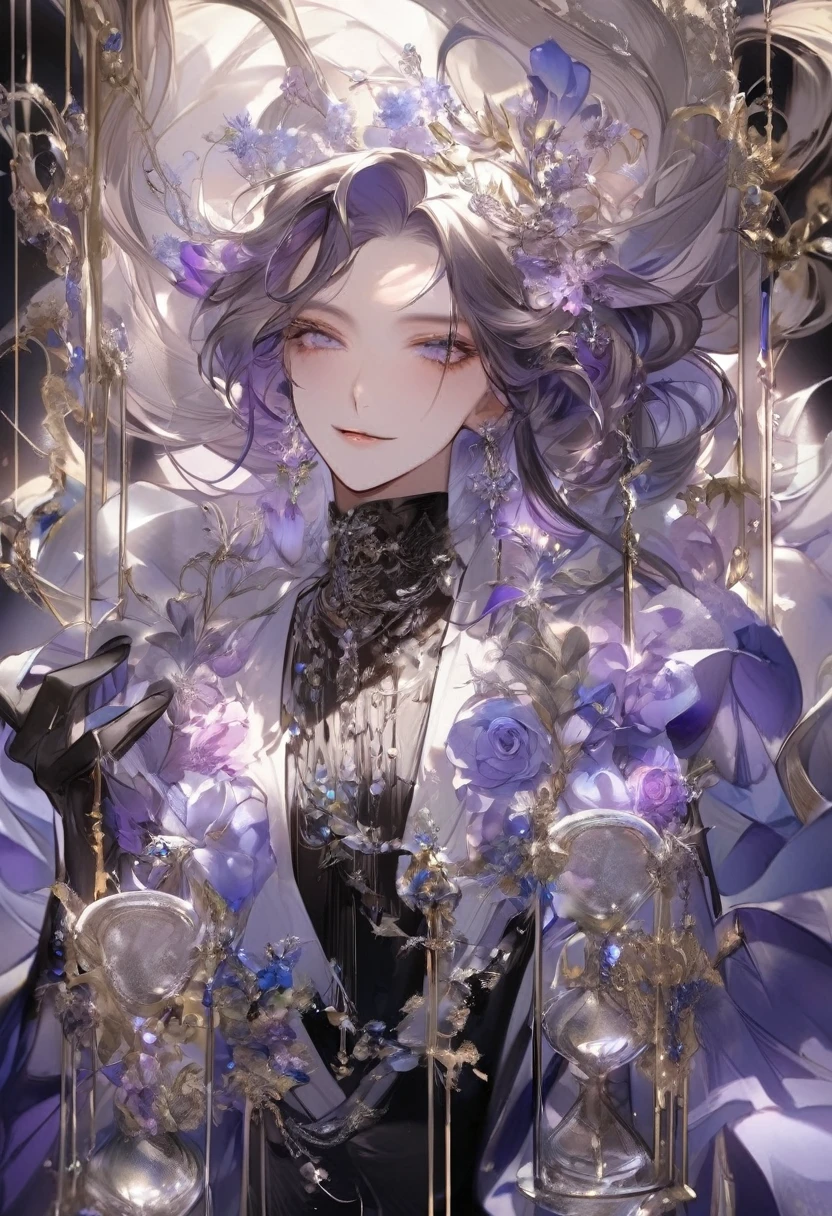 Feminine boy, soft womanish facial features, smile, squinted siren dark blue eyes without glare, silver and dark purple long loose hair with straight bang, fantasy black clothes with blue and purple elements, long black gloves, model, gorgeous, elegant, lots of silver jewelry, flowers in his hair, skinny body, hourglass figure, light lipstick