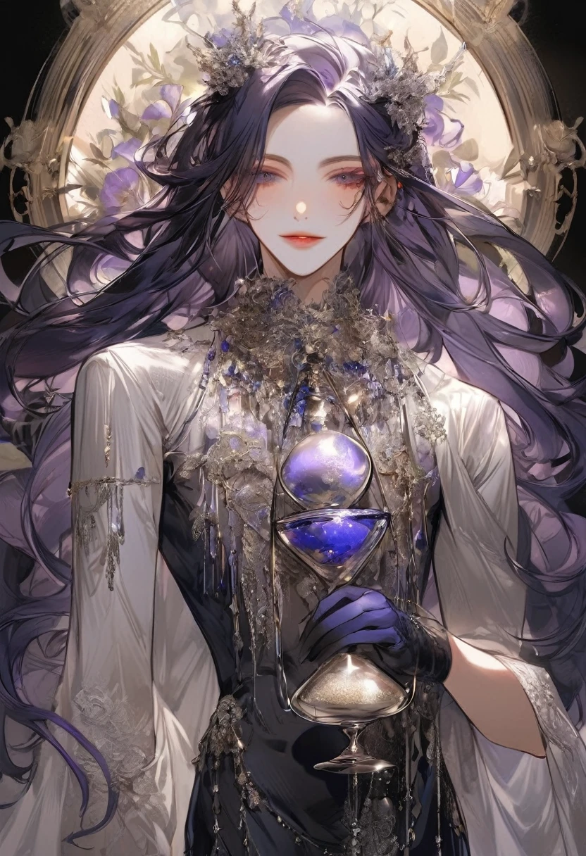Feminine boy, soft womanish facial features, smile, squinted siren dark blue eyes without glare, silver and dark purple long loose hair with straight bang, fantasy black clothes with blue and purple elements, long black gloves, model, gorgeous, elegant, lots of silver jewelry, flowers in his hair, skinny body, hourglass figure, light lipstick