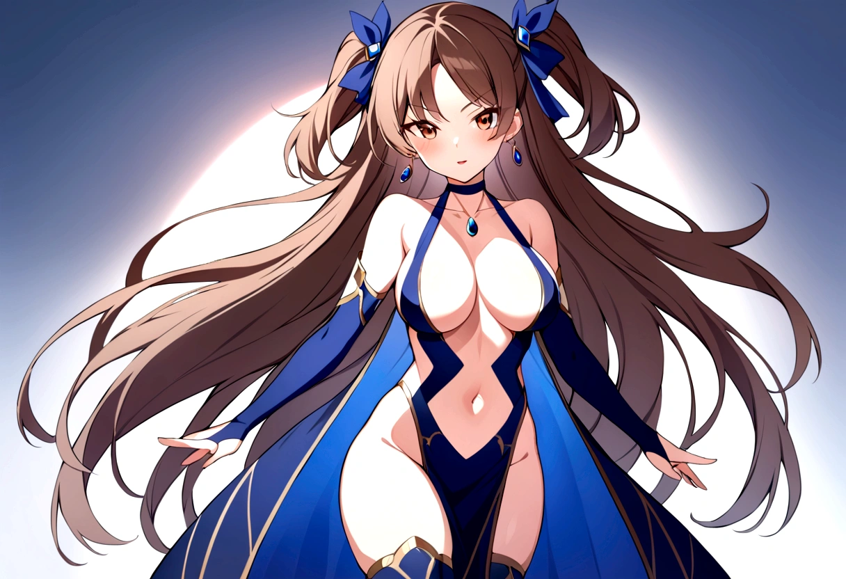 slender, mature female, breasts, rating:safe, 1girl, long_hair, jewelry, navel, earrings, bare_shoulders, cleavage, solo, looking_at_viewer, brown_hair, elbow_gloves, stomach, hair_ribbon, bangs, pelvic_curtain, gloves, thighs, blue_ribbon, ribbon, brown_eyes, large_breasts, blush, collarbone, eyebrows_visible_through_hair, smile, parted_bangs, halterneck, parted_lips, very_long_hair, detached_sleeves, standing, medium_breasts, floating_hair, midriff, choker, center_opening, cowboy_shot, v-shaped_eyebrows, thighhighs, open_mouth, hair_ornament, bridal_gauntlets, gem, groin, armor, two_side_up, dress, sidelocks, shiny, revealing_clothes, sapphire_(gemstone), highleg