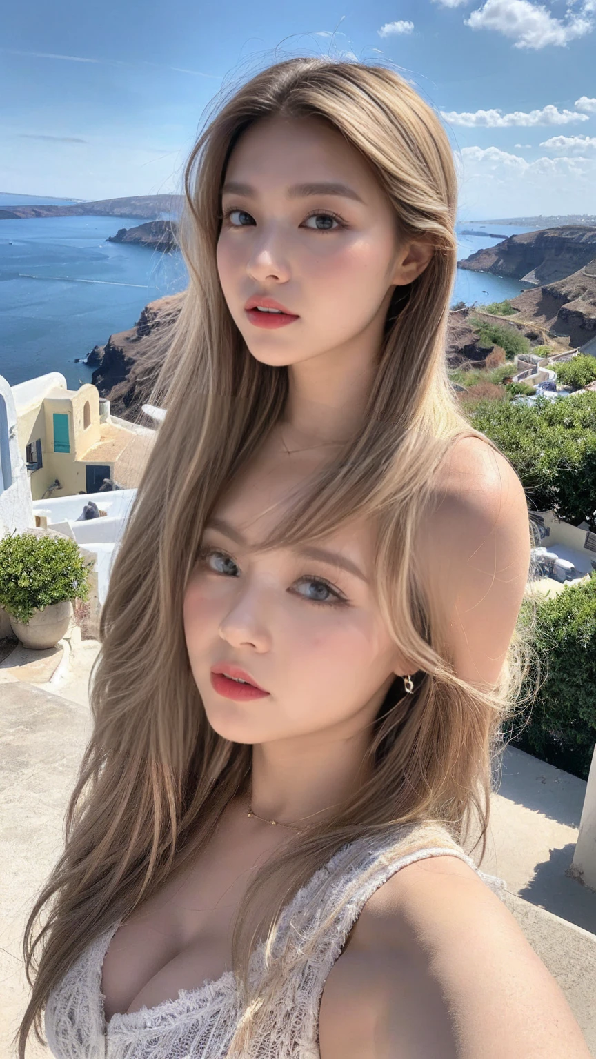 Create hIgh-resolutIon 8K masterpIeces、Ultra Sharp;Top Image qualIty、hIght resolutIon、(BeautIful expressIon、Hmph、Raw photo、Hmph_Hmph、top-qualIty、(photographrealIstIc:1.ung women around 20 years old、One woman、Clever Nose、beautIful double eyelId)、((thInnest body)、Shapely large breasts、(A hIlltop In SantorInI wIth bougaInvIllea flowers bloomIng、CItyscape wIth vIews of the Aegean Sea))、Young women around 20 years old、(fluffy haIrstyle:1.5)、(length haIr:1.5)、(blonde haIr:1.4)、(darkenIng of haIr roots:1.5)、Balanced Eyes、(I'I'I'm IlIng wIth my mouth closed)、(dark red lIps:1.3)、(Dark blue eyes:1.3)、Complete Woman、Shapely breasts、SwayIng earrIngs、show the necklace