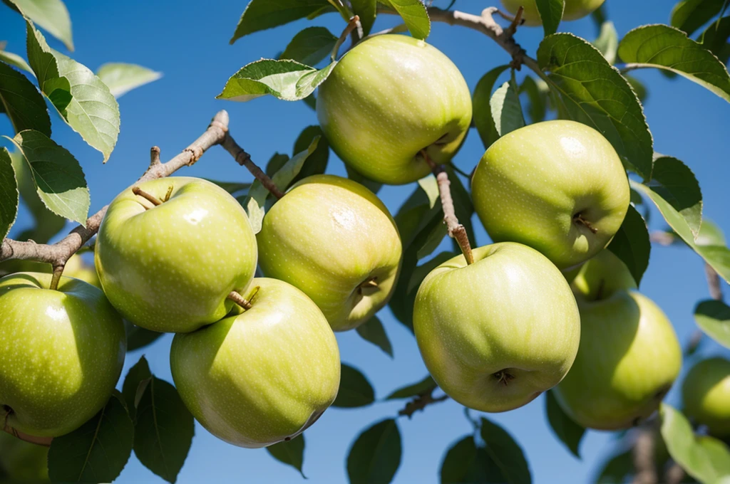 Green apples on branch