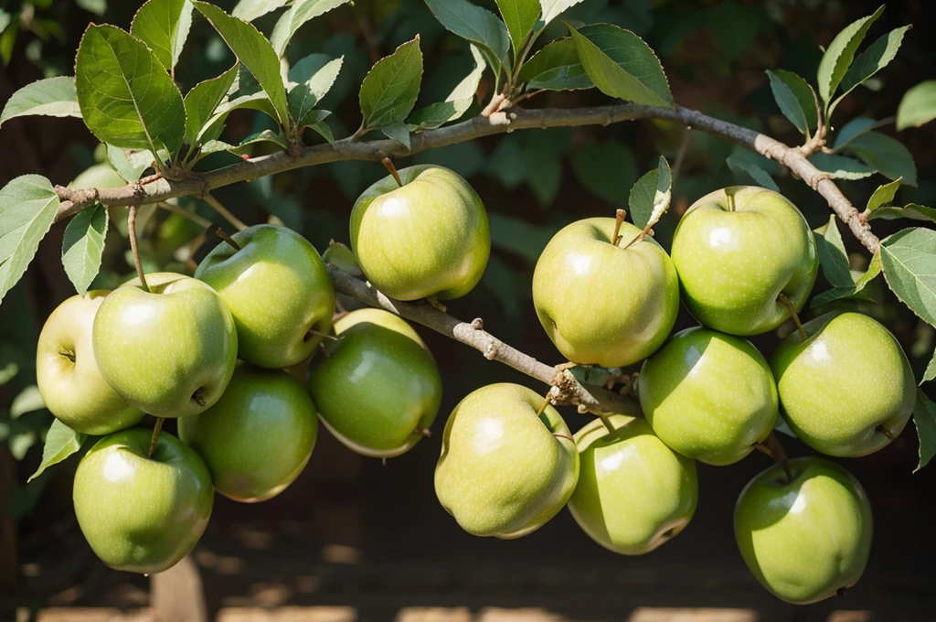 Green apples on branch