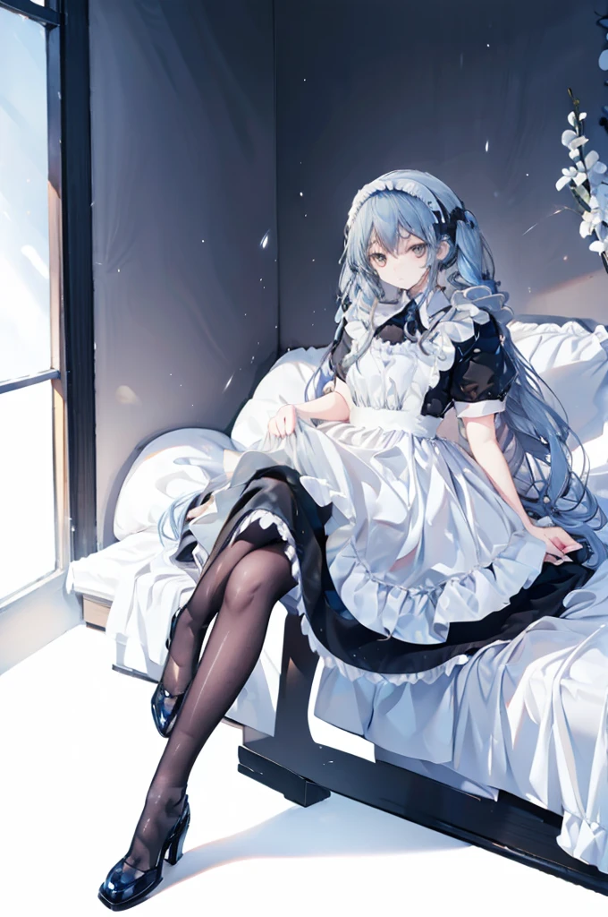 upper body, 1girl, wallpaper, light particles, bed, background, look at viewer, light blue hair, long hair, twintails, white eyes, ninja mask, maid attire, black pantyhose, high heels
