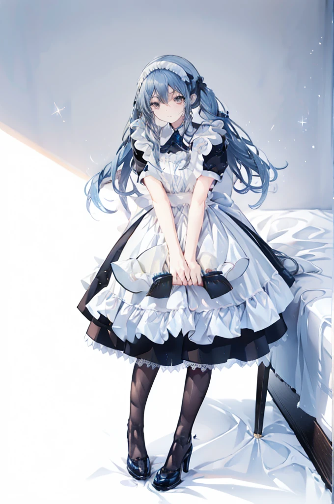 upper body, 1girl, wallpaper, light particles, bed, background, look at viewer, light blue hair, long hair, twintails, white eyes, ninja mask, maid attire, black pantyhose, high heels
