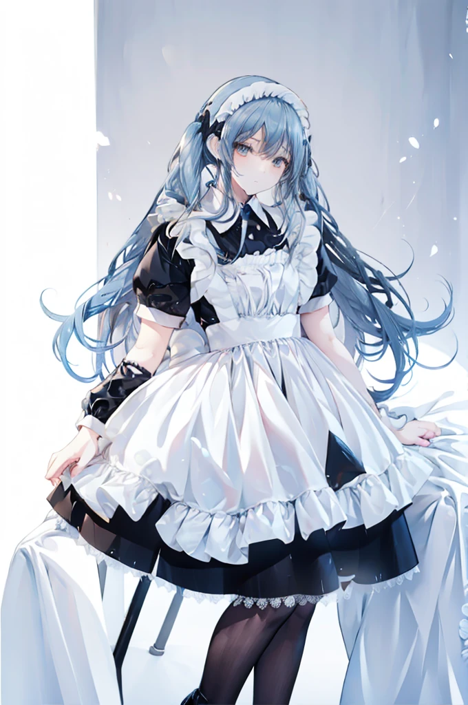 upper body, 1girl, wallpaper, light particles, bed, background, look at viewer, light blue hair, long hair, twintails, white eyes, ninja mask, maid attire, black pantyhose, high heels
