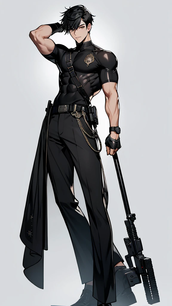 masterpiece, very detailed, 4K, 8K, 32,000, convoluted, (((1st son))), ((black hair)), ((no background)), white background, 20 years old, (((the same character))),Modern clothing, Detailed clothes, (slim body), (cold colors dim lighting) black hair eyes black (perfect face) ,character design police man, full body, black hair, (Composition looking straight ahead), soldier, {full body}, handsome, short sleeves, ((Posture of covering head with hands))